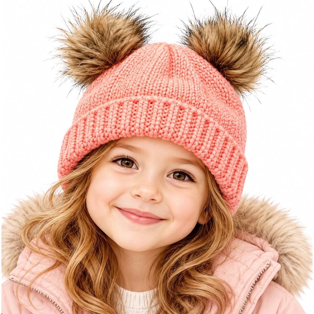 Columbia Girls Coral Double Pom Pom Knit Beanie Fleece Lined